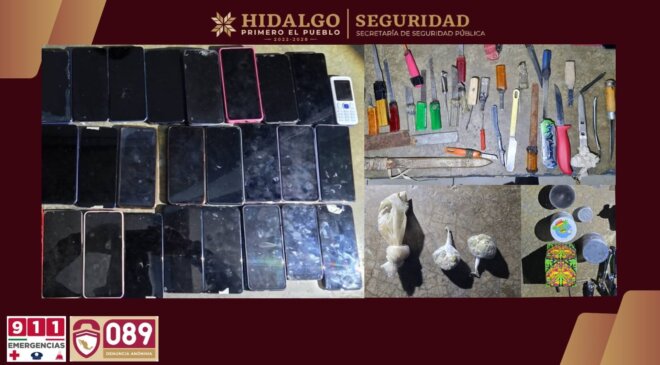 Revisión policiaca en los Ceresos de Tula y Huichapan decomisó 25 equipos telefónicos, 95 puntas hechizas y 58 dosis de distintas drogas