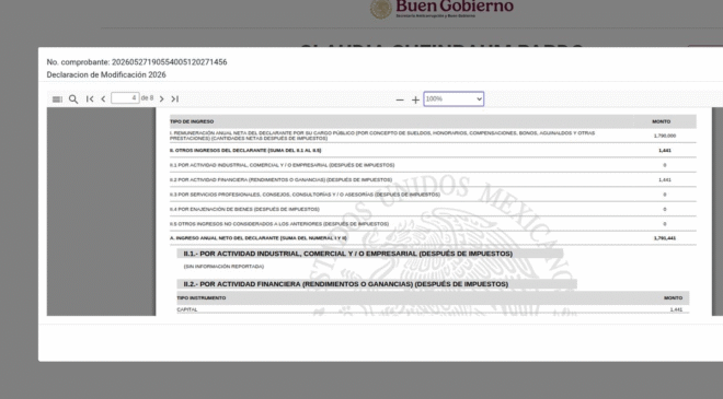 Sheinbaum presenta declaración patrimonial 2026; reporta ingresos por 1.79 millones de pesos