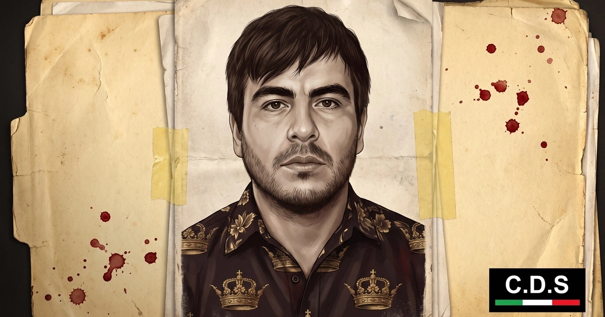 Un retrato realista de Cristhian Guadalupe Pérez Pérez se presenta en un formato de expediente policial con manchas y un símbolo C.D.S. en la esquina inferior. (Imagen Ilustrativa Infobae)