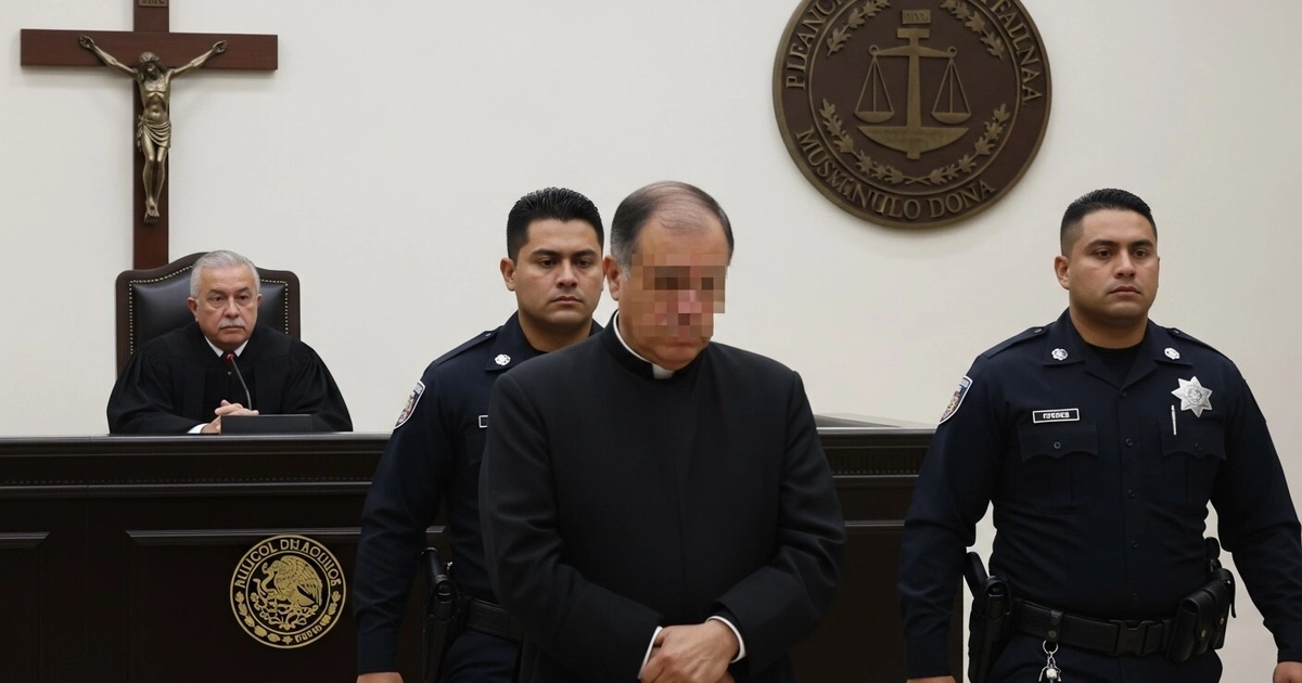 Un sacerdote con el rostro cubierto es escoltado por dos policías en un tribunal de Tijuana, Baja California, con el juez Ángel Manuel Guillén presente durante la sentencia de un caso de agresión sexual. (Imagen Ilustrativa Infobae)
