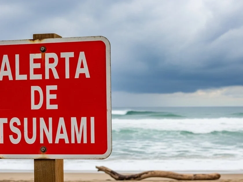 Un letrero oficial de "Alerta de tsunami" está instalado en una playa mexicana con el mar y un cielo nublado al fondo. (Imagen Ilustrativa Infobae)