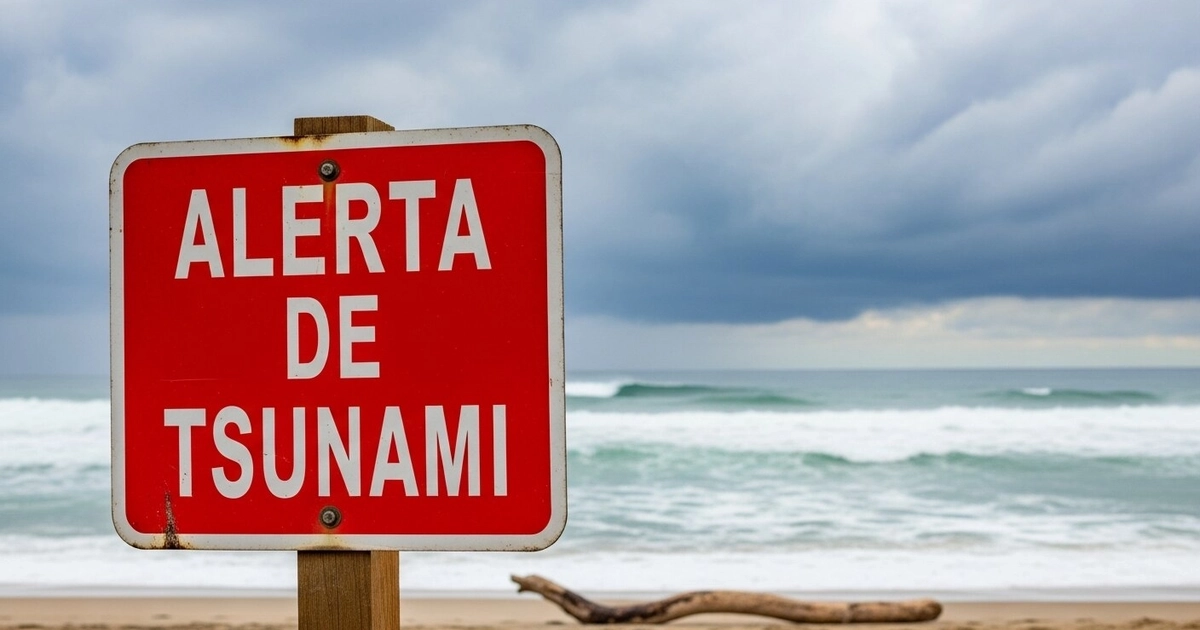 Un letrero oficial de "Alerta de tsunami" está instalado en una playa mexicana con el mar y un cielo nublado al fondo. (Imagen Ilustrativa Infobae)