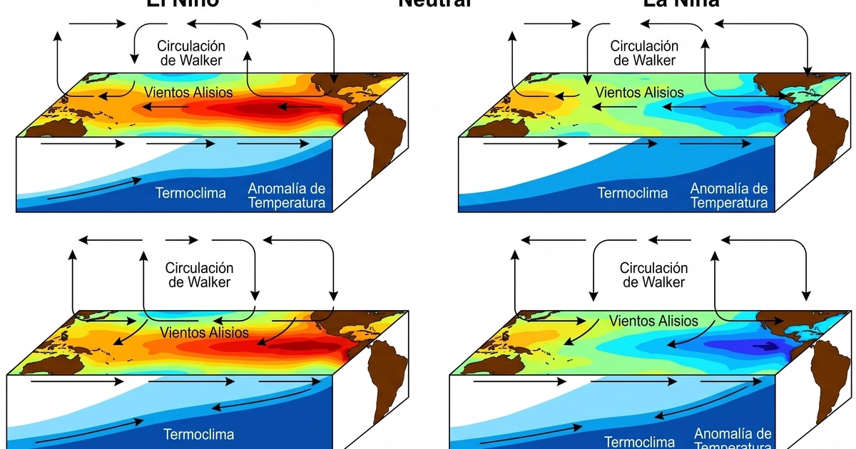 Los diagramas muestran las tres fases del ciclo ENSO, El Niño, La Niña y la condición neutral, con sus respectivas anomalías de temperatura oceánica, vientos alisios y circulación de Walker. (Imagen Ilustrativa Infobae)