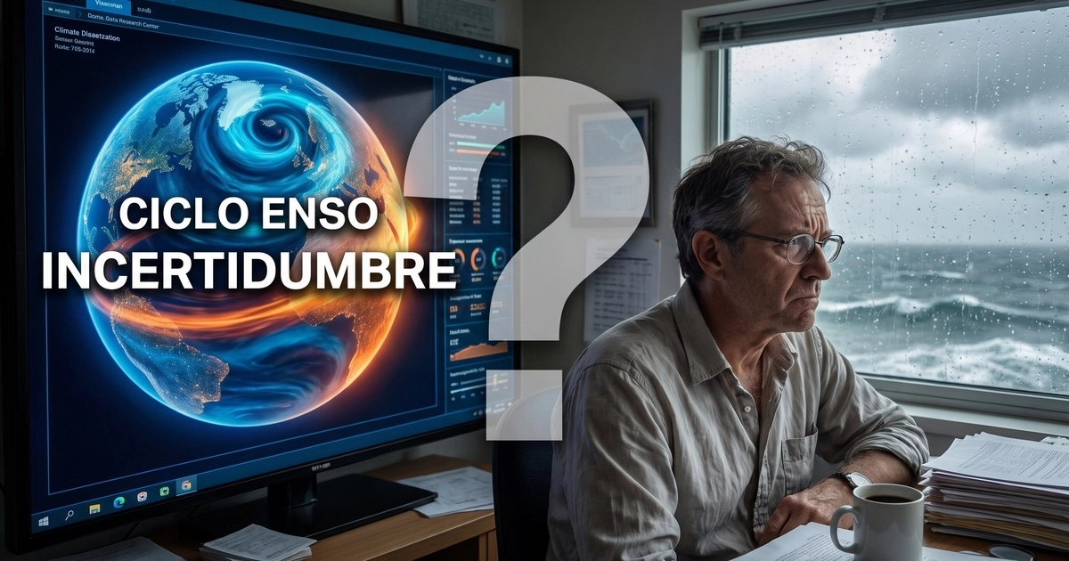 Un hombre analiza en su monitor patrones climáticos globales del ciclo ENSO mientras un signo de interrogación y una ventana con lluvia exterior sugieren incertidumbre sobre el futuro. (Imagen Ilustrativa Infobae)