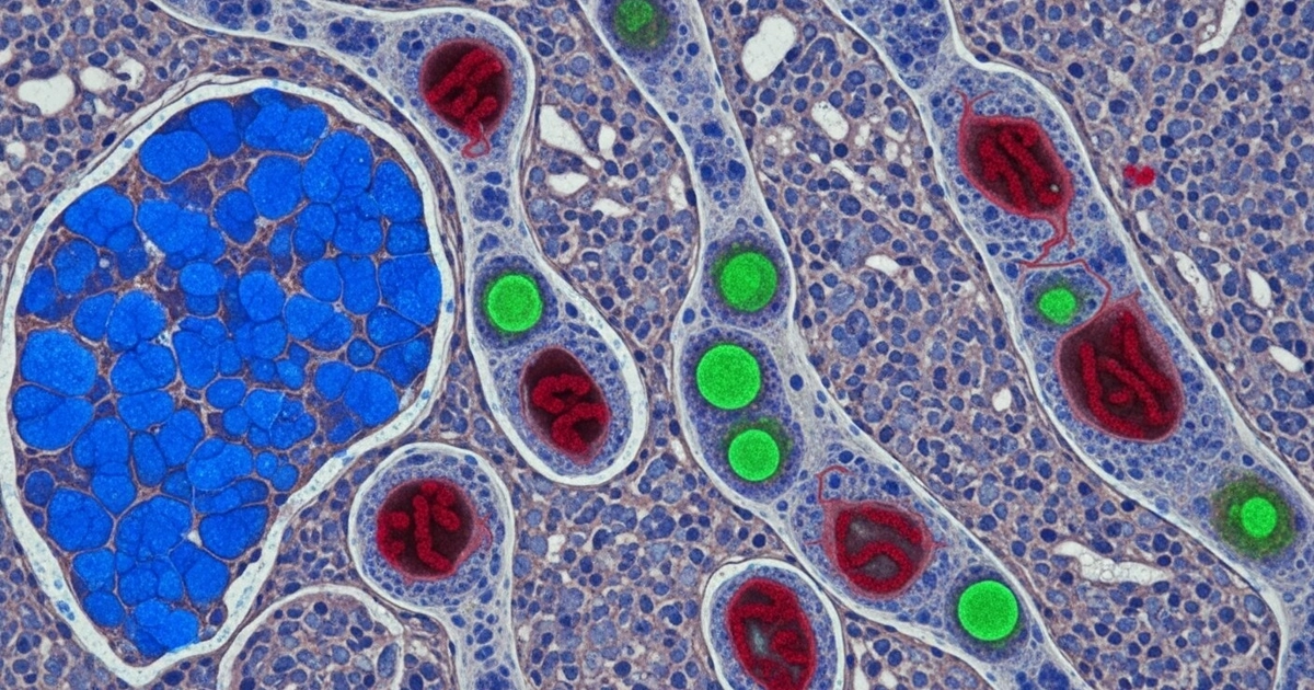 Células de tejido en investigación sobre la relación entre el herpesvirus y el alzhéimer, donde se observan elementos marcados en azul, rojo y verde bajo el microscopio. (Imagen Ilustrativa Infobae)