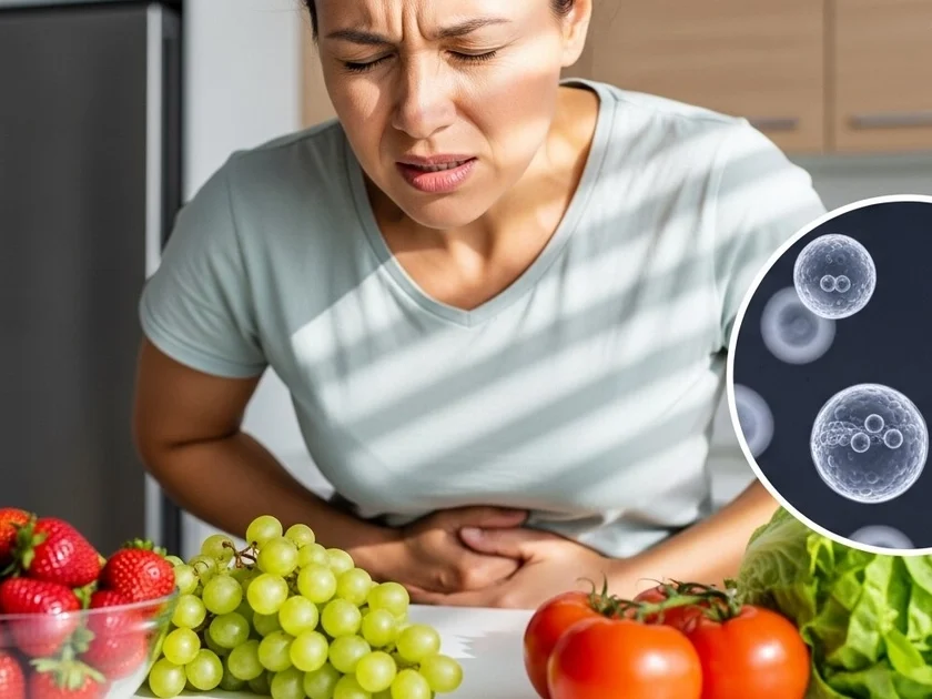 Una mujer en una cocina moderna se sujeta el abdomen por dolor, con frutas y verduras sobre la mesa y una ilustración de parásitos de ciclosporiasis. (Imagen Ilustrativa Infobae)