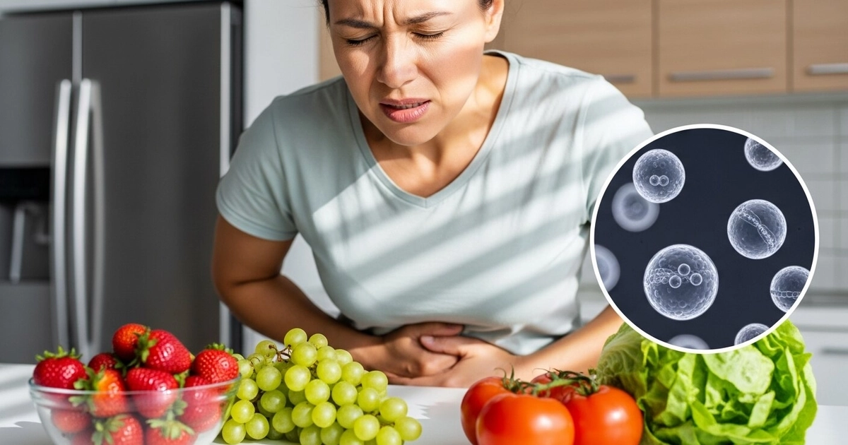 Una mujer en una cocina moderna se sujeta el abdomen por dolor, con frutas y verduras sobre la mesa y una ilustración de parásitos de ciclosporiasis. (Imagen Ilustrativa Infobae)