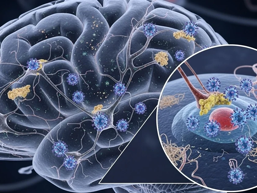 La ilustración médica señala la interacción de los herpesvirus con neuronas y placas en el cerebro, un proceso que puede acelerar la progresión del Alzheimer. (Imagen Ilustrativa Infobae)