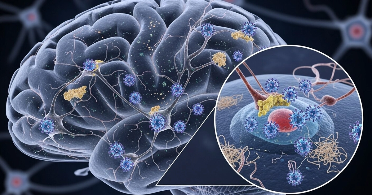 La ilustración médica señala la interacción de los herpesvirus con neuronas y placas en el cerebro, un proceso que puede acelerar la progresión del Alzheimer. (Imagen Ilustrativa Infobae)
