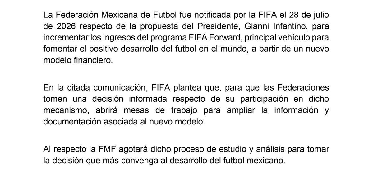 El comunicado de la FMF establece que agotará un proceso de estudio antes de definir si respalda el nuevo modelo financiero de la FIFA. (X/ @FMF)