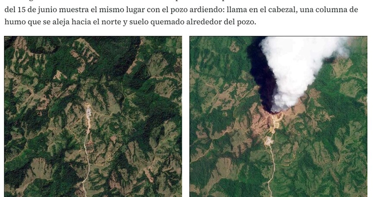 Imágenes satelitales tomadas por CartoCrítica que muestran el antes y el después del incendio. (Captura de pantalla del informe “Pozo Krem-1: incendio de un pozo de Pemex en Las Choapas, Veracruz” realizado por CartoCrítica)