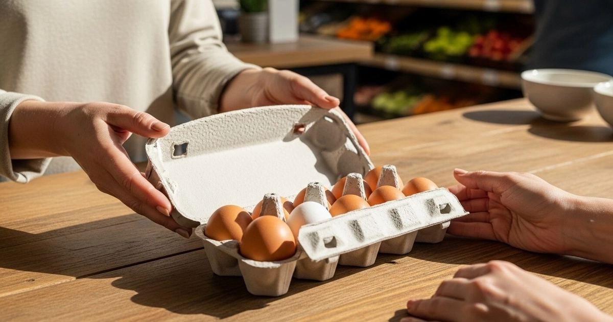Una persona entrega un cartón con huevos frescos, incluyendo uno blanco entre varios marrones, a otra persona sobre una mesa de madera en un ambiente que sugiere un mercado o tienda de comestibles. (Imagen Ilustrativa Infobae)