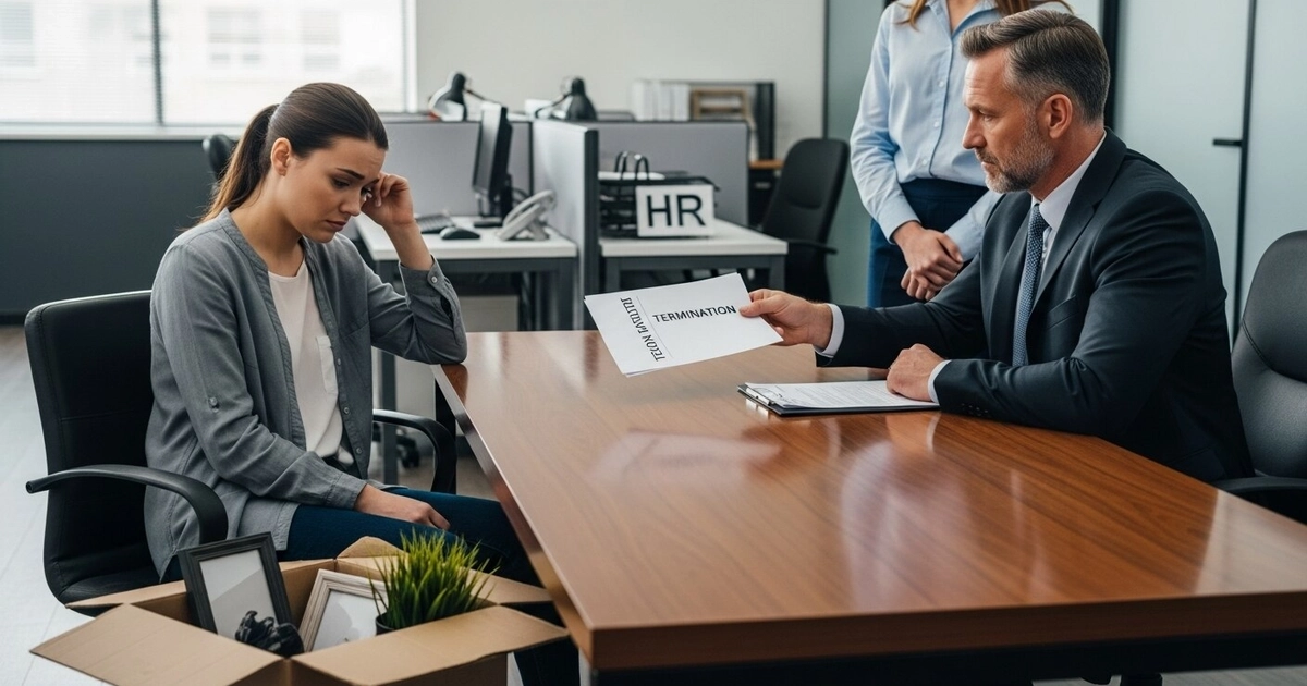Un directivo entrega un documento de despido a una empleada en una oficina, mientras ella observa una caja con sus pertenencias. (Imagen Ilustrativa Infobae)