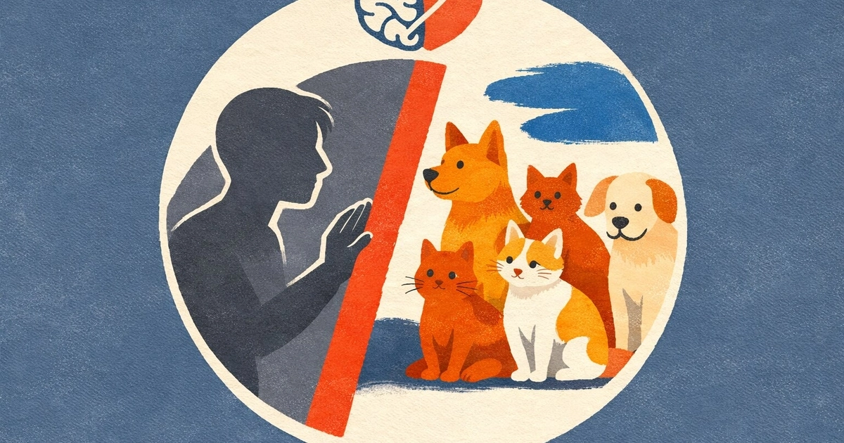 Ilustración de silueta humana gris, barrera roja vertical, símbolo de cerebro y corazón, y grupo de perros y gatos de colores cálidos, dentro de un círculo blanco sobre fondo azul.