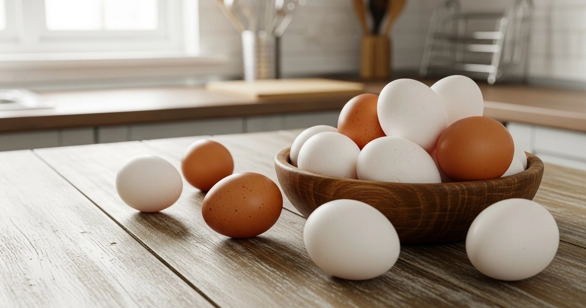 Una mezcla de huevos blancos y marrones se exhibe sobre una mesa de madera en una cocina luminosa, listos para ser utilizados en cualquier receta culinaria. (Imagen Ilustrativa Infobae)