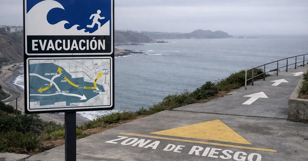 Una señal de evacuación por tsunami con mapa de rutas y una marca de