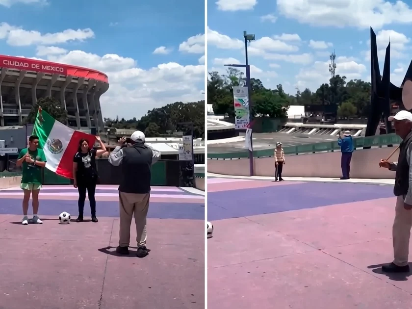 Por 10 pesos, el adulto mayor presta una bandera de México y un balón para ofrecer una foto del recuerdo con el Estadio Azteca de fondo. (Crédito especial: TikTok: @chinamendozaoficial)