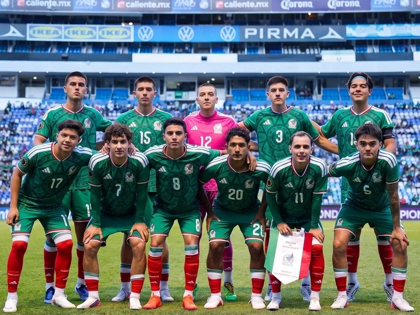 Once jugadores de fútbol con uniformes verdes y rojos posan en un campo de césped. Uno sostiene un estandarte con los colores de México. Un estadio con público de fondo. (Imagen Ilustrativa Infobae)