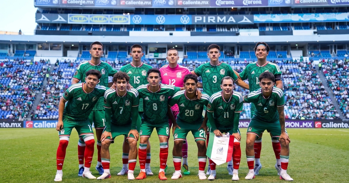 Once jugadores de fútbol con uniformes verdes y rojos posan en un campo de césped. Uno sostiene un estandarte con los colores de México. Un estadio con público de fondo. (Imagen Ilustrativa Infobae)