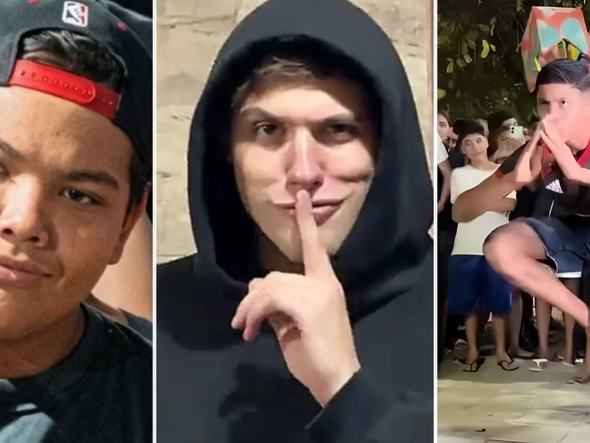 Tres fotos: un joven con gorra tocando su barbilla; otro joven con sudadera, dedo en los labios; un tercer joven posando en grupo con manos unidas