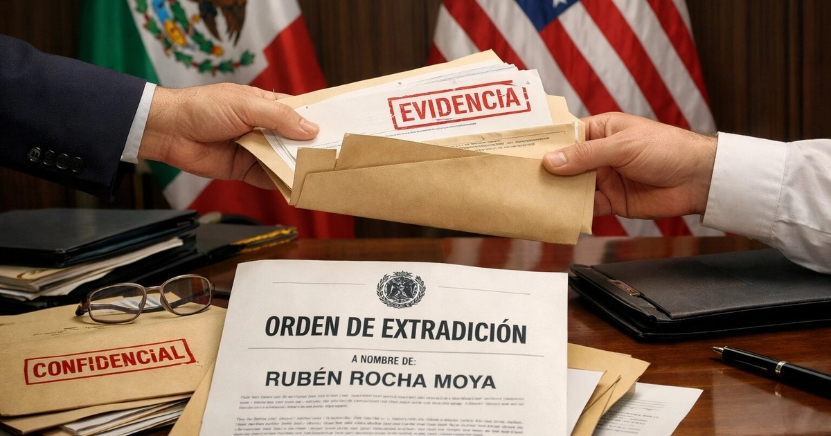 Funcionarios de México y Estados Unidos intercambian documentos de “evidencia” y “confidencial” sobre una orden de extradición a nombre de Rubén Rocha Moya en un escritorio oficial. (Imagen Ilustrativa Infobae)