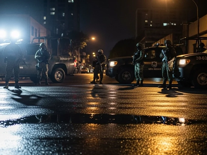 Elementos navales armados con uniforme y vehículos tipo pick-up controlan una calle urbana de México durante la noche, donde los reflectores iluminan el asfalto mojado. (Imagen Ilustrativa Infobae)