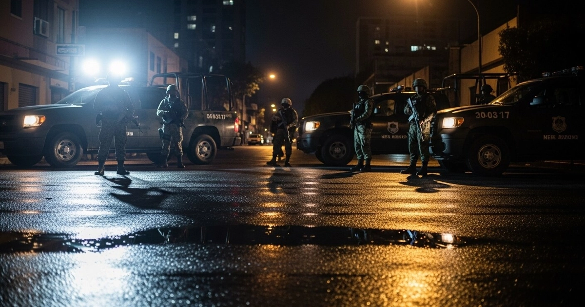 Elementos navales armados con uniforme y vehículos tipo pick-up controlan una calle urbana de México durante la noche, donde los reflectores iluminan el asfalto mojado. (Imagen Ilustrativa Infobae)