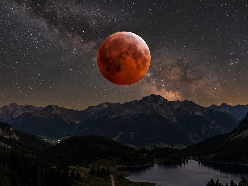 Un eclipse lunar tiñe el satélite de tonos rojizos sobre un valle montañoso iluminado por la Vía Láctea. (Imagen Ilustrativa Infobae)