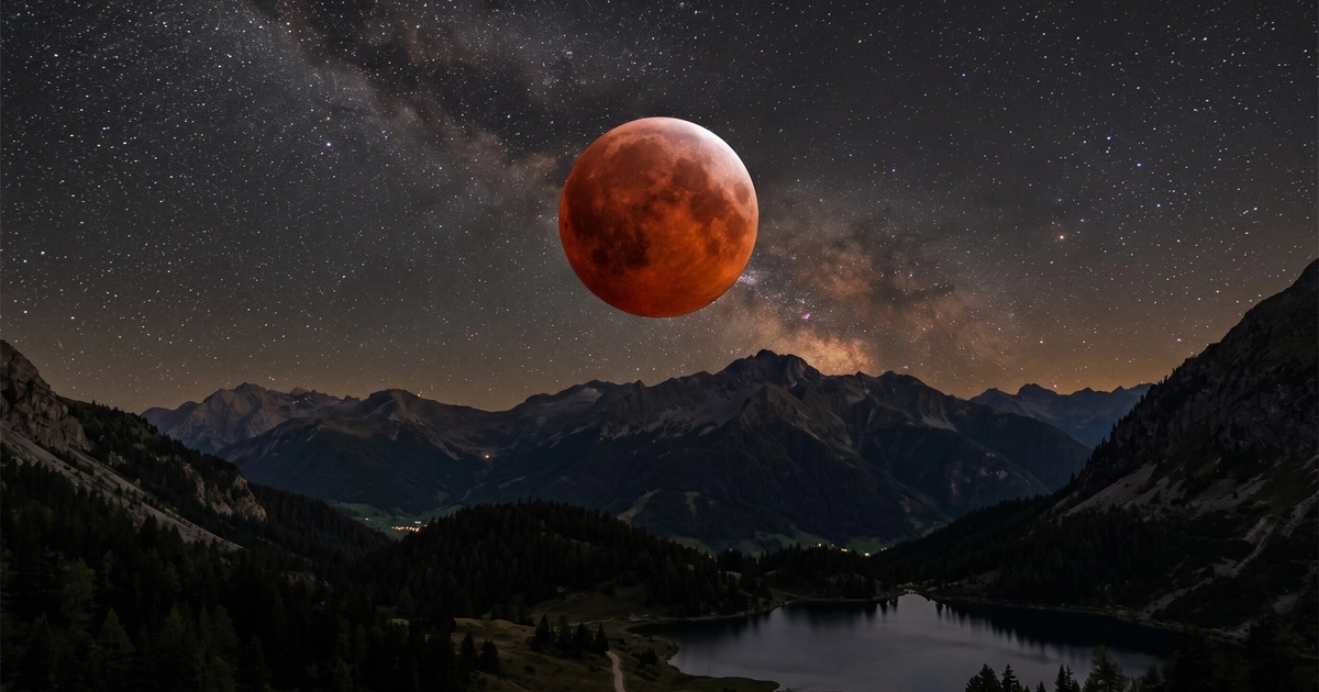Un eclipse lunar tiñe el satélite de tonos rojizos sobre un valle montañoso iluminado por la Vía Láctea. (Imagen Ilustrativa Infobae)