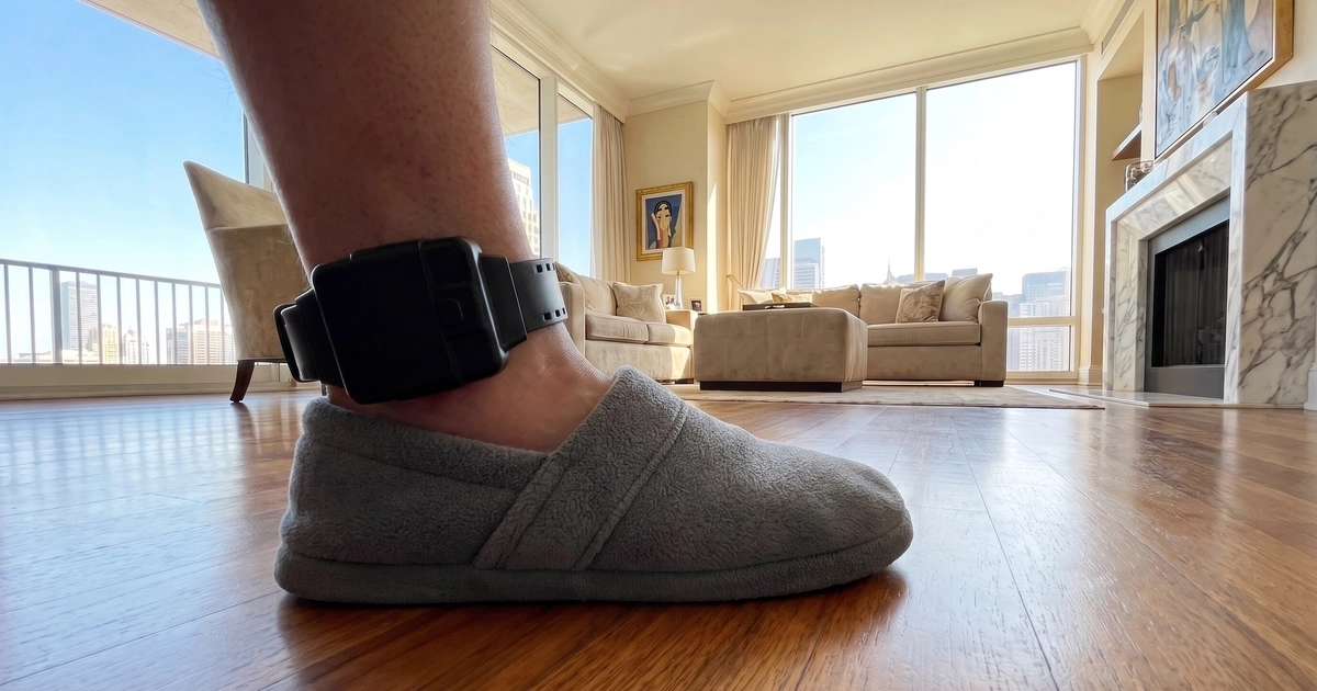 Primer plano de un tobillo con brazalete electrónico de monitoreo y una pantufla en un apartamento.