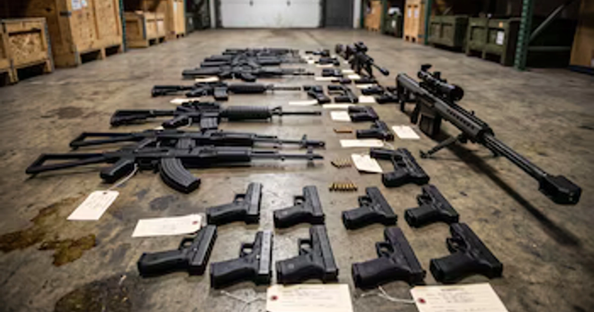 Diversas pistolas y fusiles de asalto decomisados con sus etiquetas de evidencia permanecen alineados sobre el suelo de concreto. (Imagen Ilustrativa Infobae)