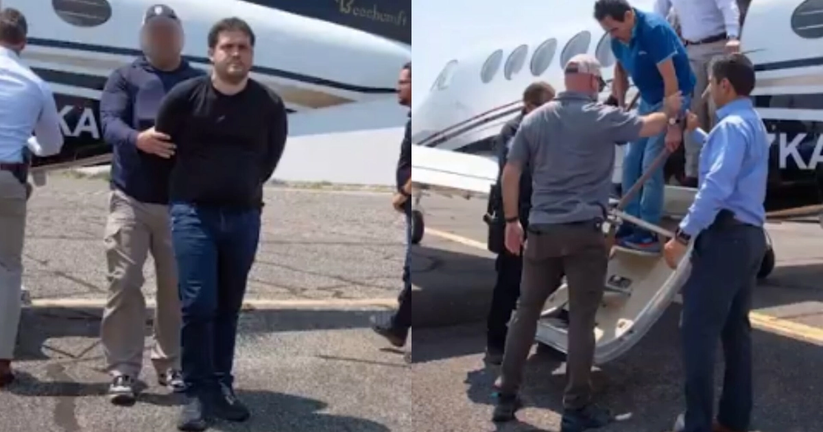 Momento en que los presuntos líderes del Cártel de Sinaloa descendieron de la aeronave tipo Beechcraft King Air. Cortesía: Pie de Nota