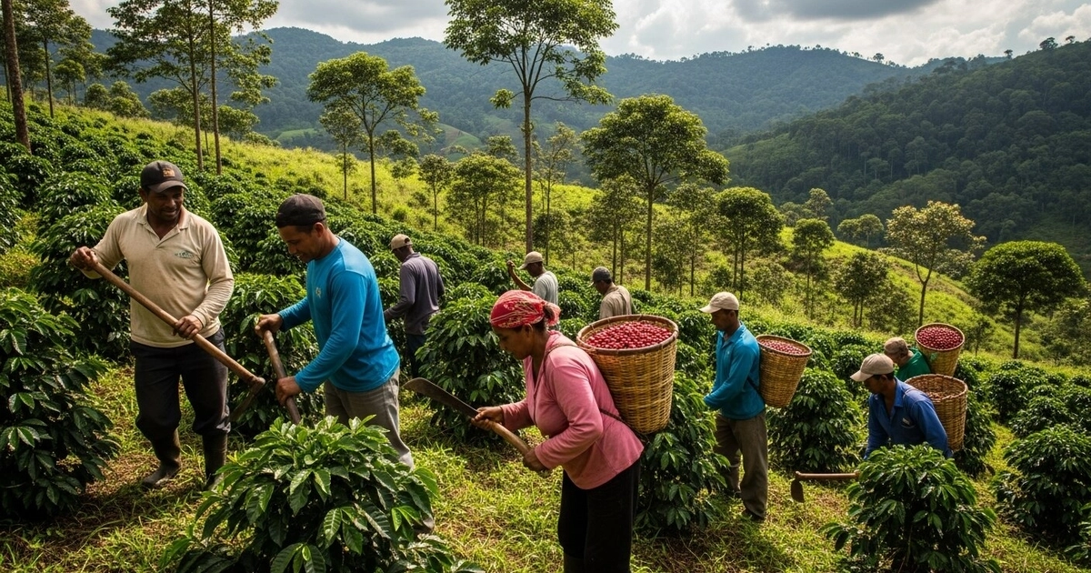 Varios caficultores cosechan granos rojos de café en cestas y usan herramientas en una plantación en ladera. Cafetos verdes y montañas boscosas al fondo bajo nubes.
