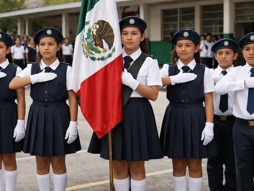 Un grupo de estudiantes de primaria, parte de la escolta, rinde homenaje a la bandera de México durante una ceremonia cívica en el patio de su escuela. (Imagen Ilustrativa Infobae)