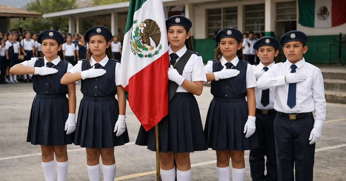 Un grupo de estudiantes de primaria, parte de la escolta, rinde homenaje a la bandera de México durante una ceremonia cívica en el patio de su escuela. (Imagen Ilustrativa Infobae)