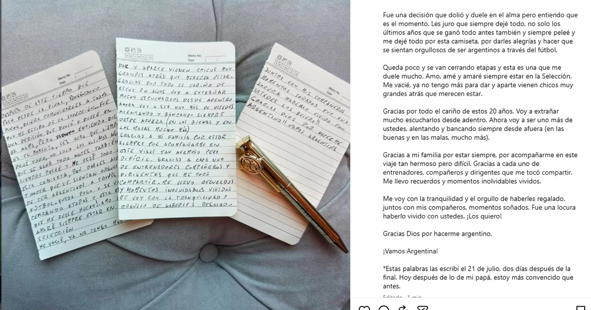 La carta que publicó Messi para anunciar su retiro de la Selección