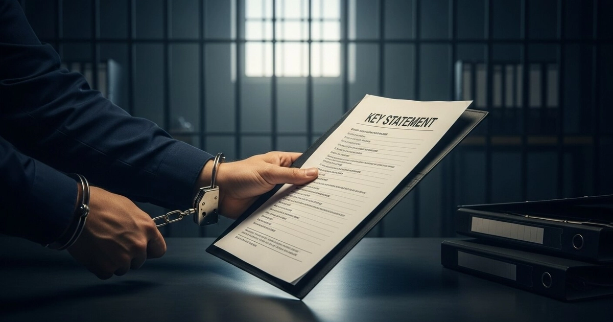 Una mano esposada sostiene un documento identificado como declaración clave, en una mesa de una sala de visitas con rejas de prisión y carpetas en el fondo. (Imagen Ilustrativa Infobae)