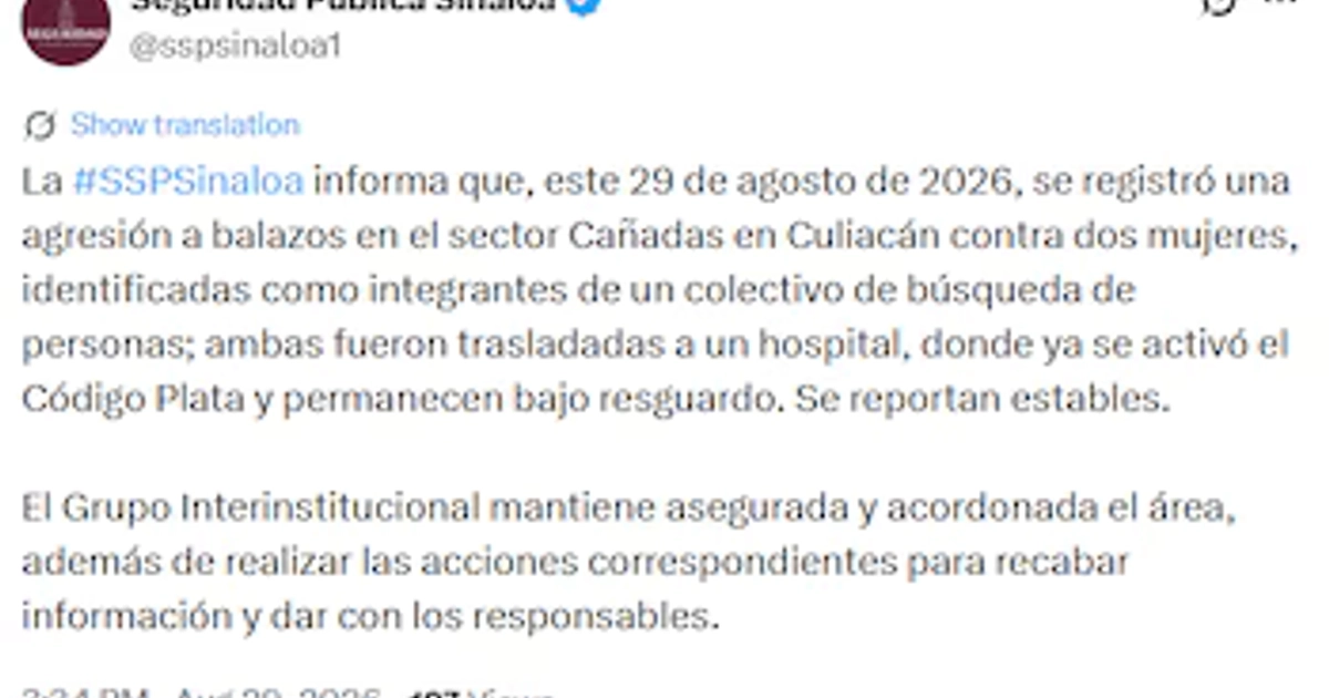 Autoridades confirmaron el despliegue para garantizar la seguridad de las personas heridas. Crédito: X - SSP Sinaloa