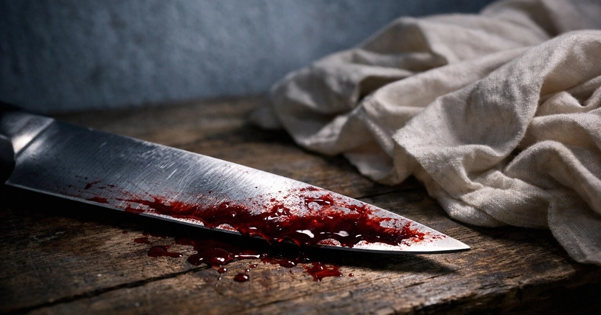 Plano cerrado de un cuchillo de cocina con manchas de sangre roja oscura sobre una mesa rústica de madera, junto a una tela arrugada de color beige claro.