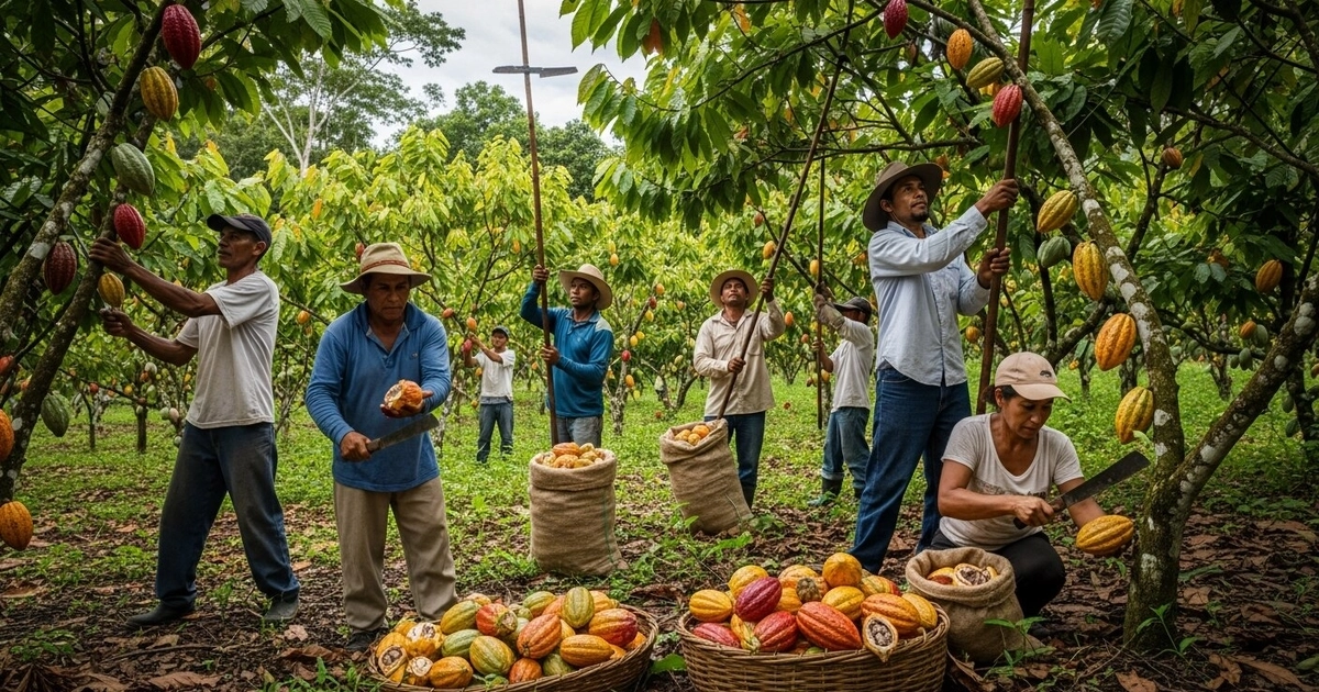 Vista amplia de un grupo de trabajadores cosechando cacao en una plantación de Panamá; se ven vainas de cacao de varios colores en árboles y en cestas.