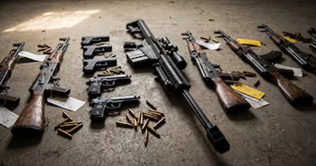 Un conjunto de fusiles de asalto, pistolas y un fusil de precisión permanece sobre un suelo de concreto junto a municiones y etiquetas de evidencia. (Imagen Ilustrativa Infobae)