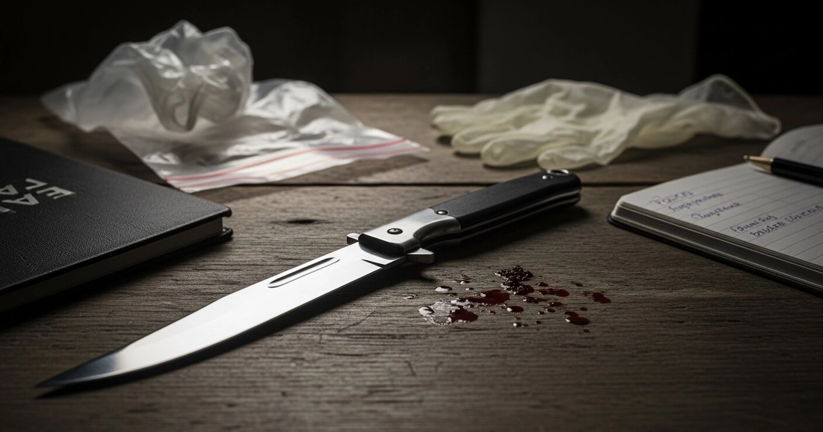 Cuchillo plegable con gotas de sangre en una mesa de madera. También se ven un cuaderno abierto con un bolígrafo, un libro, guantes y una bolsa de plástico.