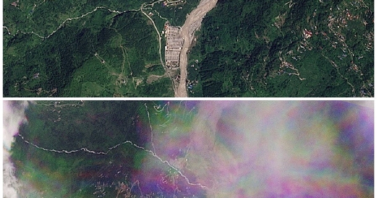 Imágenes satelitales muestran la localidad de Manakamana, Nepal, antes (arriba, 23 de agosto) y después (abajo, 26 de agosto) de la crecida repentina que devastó la zona (2026 Planet Labs PBC/Handout via REUTERS)