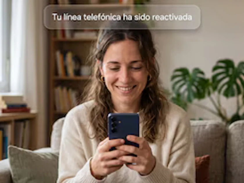 Mujer con jersey beige sonríe mientras mira su teléfono móvil azul. Sobre la imagen, un mensaje dice: “Tu línea telefónica ha sido reactivada”