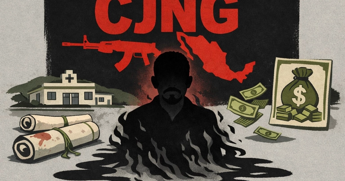 Una ilustración conceptual muestra la figura de El Mencho desvaneciéndose bajo el emblema del CJNG, rodeada de elementos que aluden a sus actividades en México. (Imagen Ilustrativa Infobae)