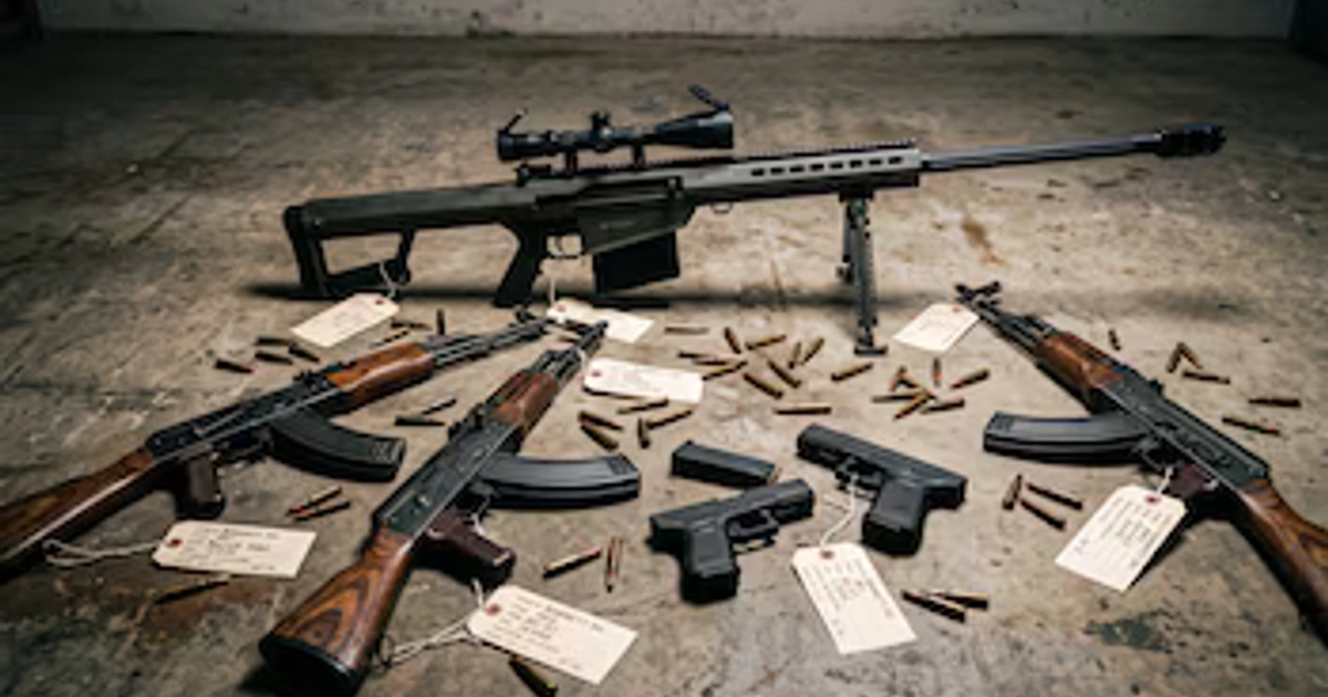 Diversas armas de fuego confiscadas, incluidos fusiles AK-47 y un fusil Barrett, permanecen dispuestas en el suelo de concreto junto a etiquetas de evidencia y munición. (Imagen Ilustrativa Infobae)