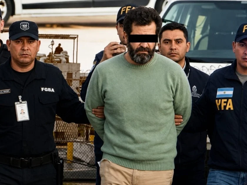 Agentes policiales trasladan bajo custodia a Fernando Farías Laguna, cuya audiencia inicial se realiza a puerta cerrada por seguridad nacional. (Especial Infobae México)