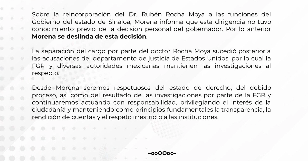 La dirigencia de Morena también se deslindó del regreso de Rubén Rocha al gobierno de Sinaloa. Crédito: X/ @PartidoMorenaMx