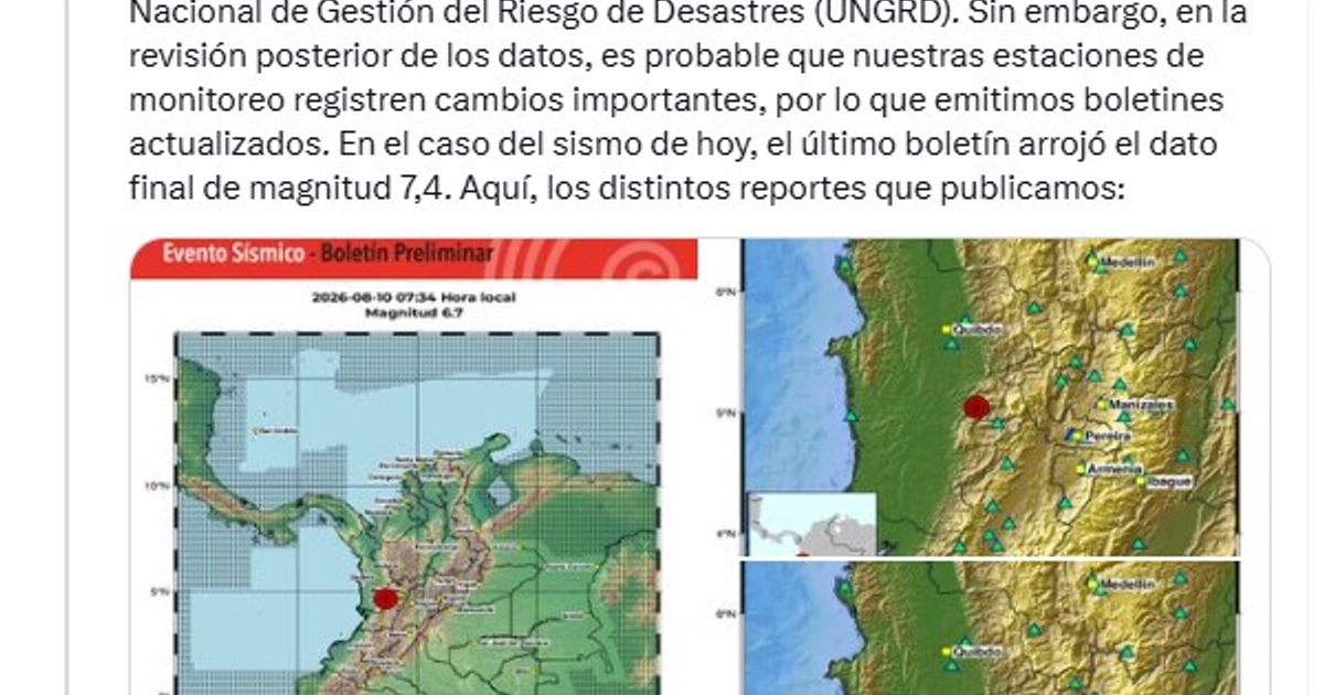 La réplica de mayor magnitud del terremoto en Colombia alcanzó 4,8, de acuerdo con el Servicio Geológico Colombiano - crédito SGC/X
