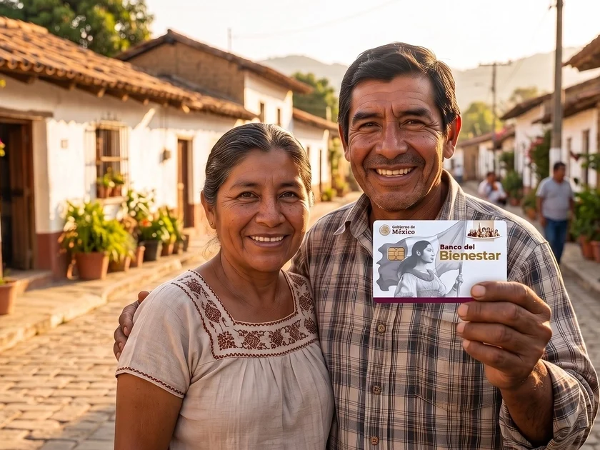 Un hombre y una mujer sonríen en una calle empedrada mientras él sostiene una tarjeta bancaria del Banco del Bienestar.